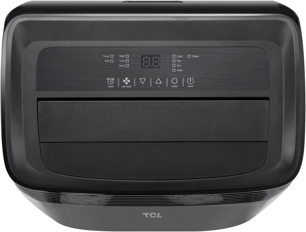 Czarny panel sterowania klimatyzatora z wyświetlaczem cyfrowym i ikonami funkcji, takimi jak Timer, Fan Speed, Mode i On/Off. Na obudowie widoczne jest logo TCL.