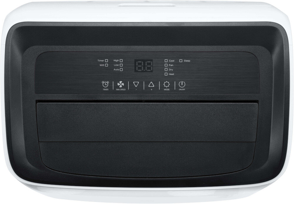 Panel sterowania klimatyzatora przenośnego z wyświetlaczem cyfrowym i ikonami funkcji: Timer, WiFi, High, Low, Auto, Cool, Fan, Dry, Heat, Sleep. Widoczne przyciski: Timer, Max Speed, Mode, On/Off.