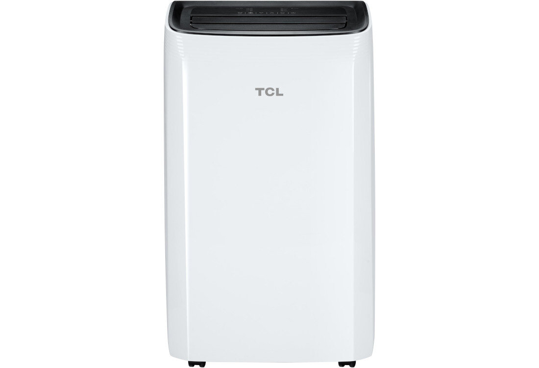 Biały klimatyzator przenośny z widocznym logo TCL na przedniej części. Urządzenie ma prostokątny kształt z czarnym panelem na górze.