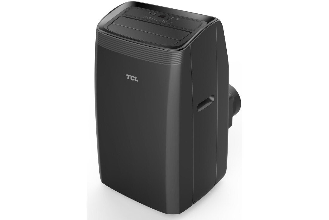 Czarny klimatyzator przenośny z widocznym logo TCL na przedniej części. Urządzenie ma prostokątny kształt z zaokrąglonymi krawędziami i panel sterowania na górze.
