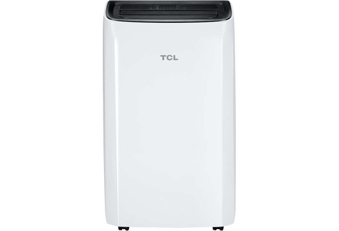 Biały klimatyzator przenośny z widocznym logo TCL na przedniej części. Górna część urządzenia jest czarna z otworami wentylacyjnymi.