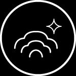 Ikona przedstawia biały symbol chmurki i gwiazdki na czarnym tle, otoczony białym okręgiem.