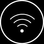 Ikona przedstawia biały symbol sygnału Wi-Fi na czarnym tle, otoczony białym okręgiem.