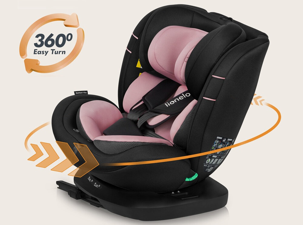 Czarno-różowy fotelik samochodowy z napisem \'lionelo\' na pasie, z funkcją obrotu 360° oznaczoną strzałkami i tekstem \'360° Easy Turn\'.