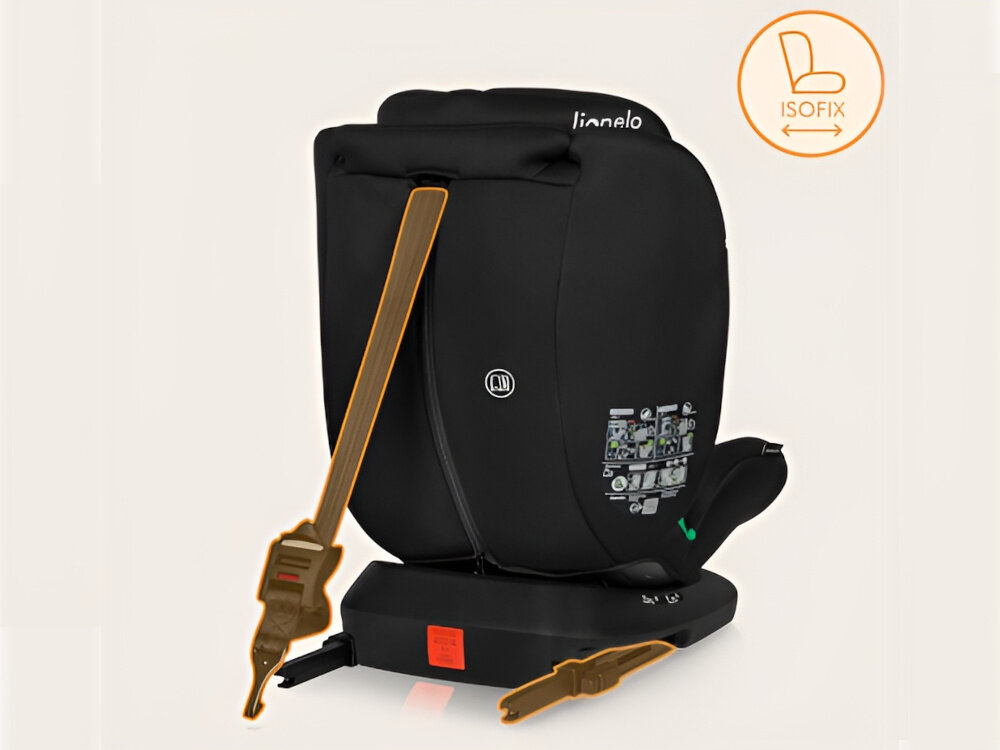 Czarno-różowy fotelik samochodowy z logo \'lionelo\' i oznaczeniem \'ISOFIX\'. Na foteliku widoczne są instrukcje montażu w formie obrazków.