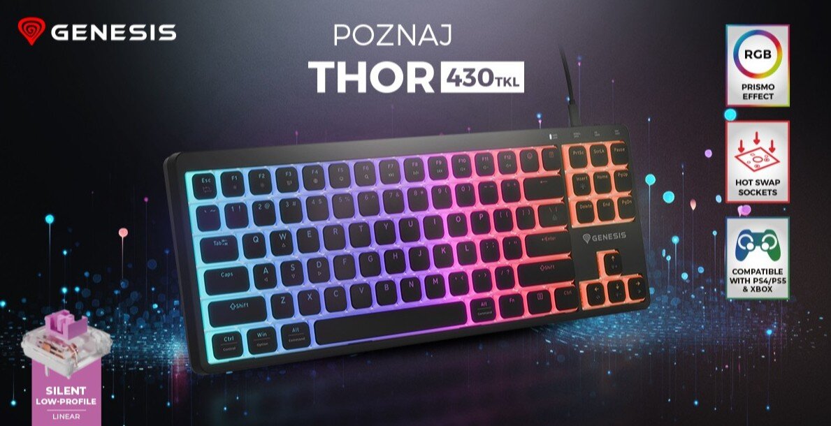Grafika z napisem 'Poznaj THOR 430TKL', dookoła widać atrybuty klawiatury a na środku jest klawiatura gamingowa z podświetleniem RGB.