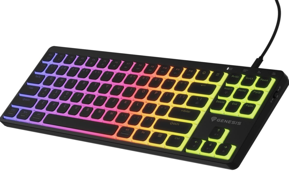 Zdjęcie boku klawiatury gamingowej Genesis z podświetleniem RGB.