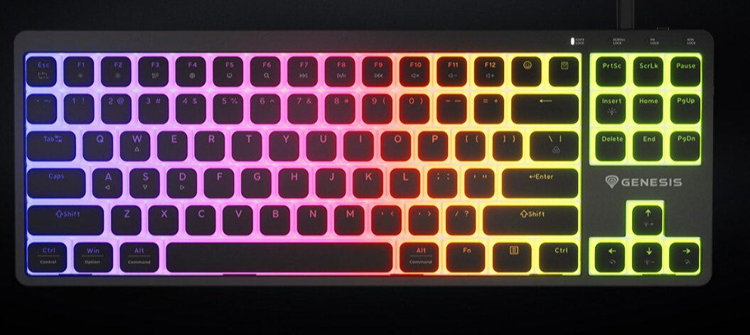 Zdjęcie klawiatury gamingowej Genesis z podświetleniem RGB.