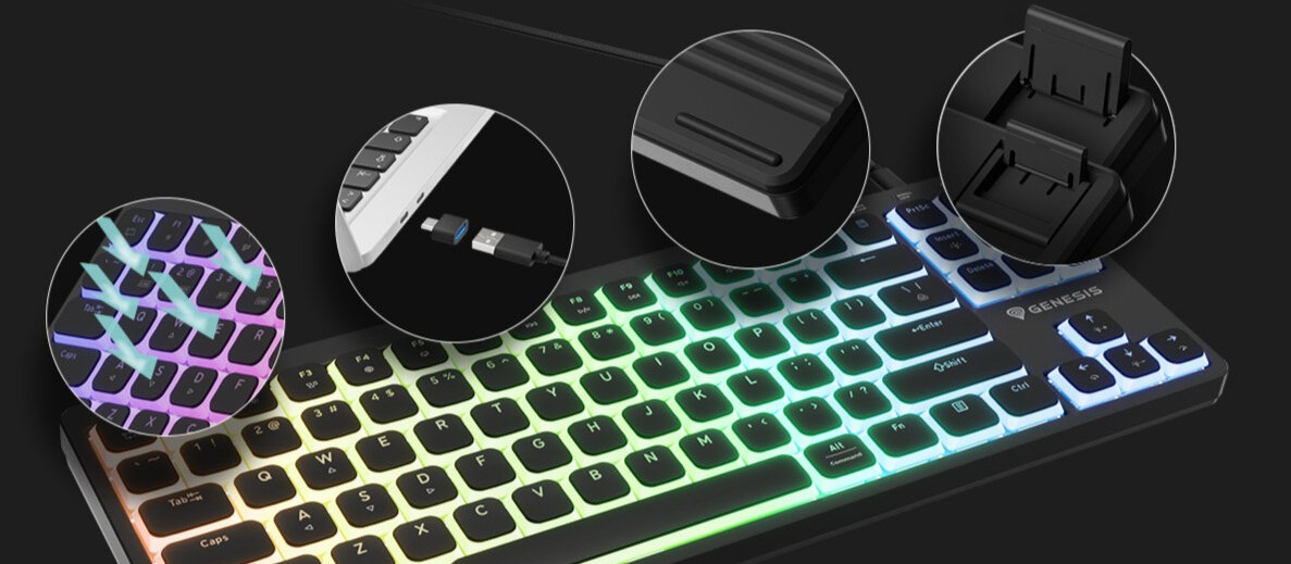 Zdjęcie klawiatury gamingowej Genesis z podświetleniem RGB, widoczne są przybliżenia na części klawiatury.