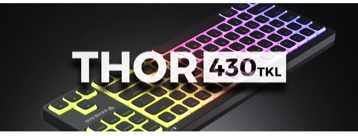Zdjęcie klawiatury gamingowej Genesis z podświetleniem RGB, widoczny jest duży napis 'THOR 430TKL' na środku.