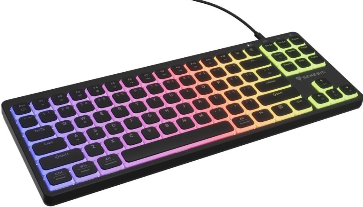 Zdjęcie klawiatury gamingowej Genesis z podświetleniem RGB.