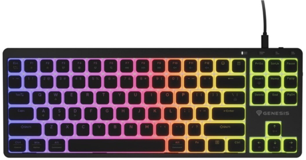 Zdjęcie klawiatury gamingowej Genesis z podświetleniem RGB.