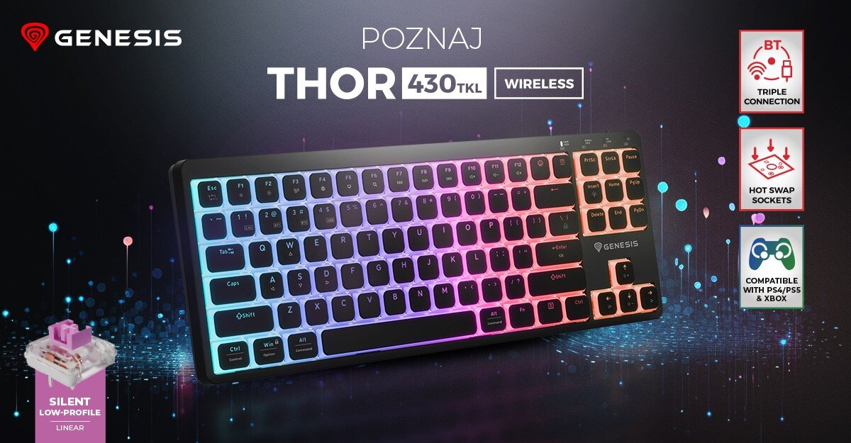 Zdjęcie klawiatury gamingowej Genesis z podświetleniem RGB, obok widnieją grafiki z atrybutami klawiatury.