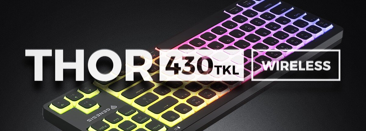 Zdjęcie klawiatury gamingowej Genesis z podświetleniem RGB, na środku widać napis 'THOR 430TKL WIRELESS'.
