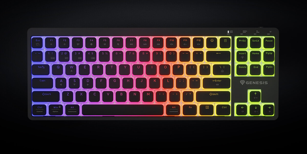 Zdjęcie klawiatury gamingowej Genesis z podświetleniem RGB na czarnym tle.