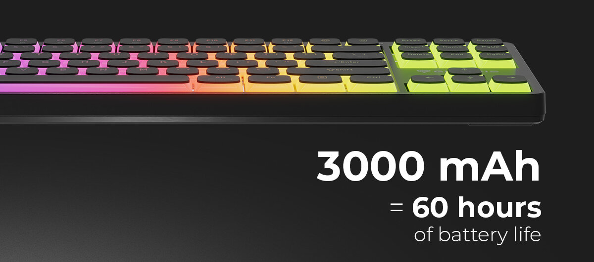 Zdjęcie klawiatury gamingowej Genesis z podświetleniem RGB, obok widnieje napis '3000 mAH = 60 hours of battery life'.