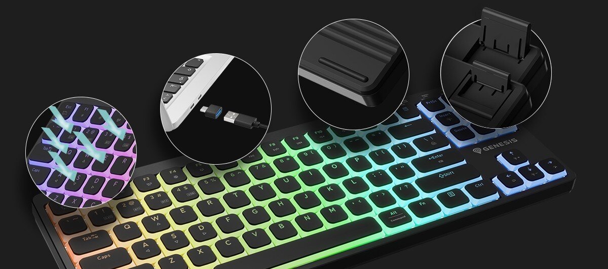 Zdjęcie klawiatury gamingowej Genesis z podświetleniem RGB, obok są zdjęcia przybliżające na atrybuty fizyczne klawiatury.