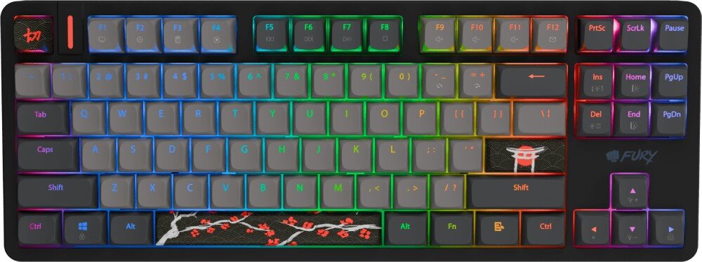 Klawiatura z podświetleniem RGB, posiadająca klawisze z oznaczeniami liter i cyfr oraz dodatkowe symbole graficzne. Widoczne logo \'FURY\' oraz motyw kwiatowy na dolnej części klawiatury.