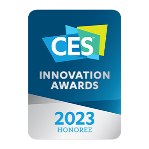 Logo CES Innovation Awards 2023 Honoree na niebieskim tle z geometrycznymi kształtami.