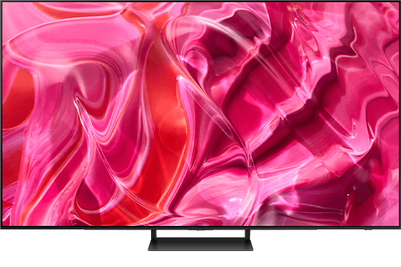 Telewizor z wyświetlaczem OLED prezentujący abstrakcyjny wzór w odcieniach różu i czerwieni. Ekran jest umieszczony na prostokątnej podstawie.