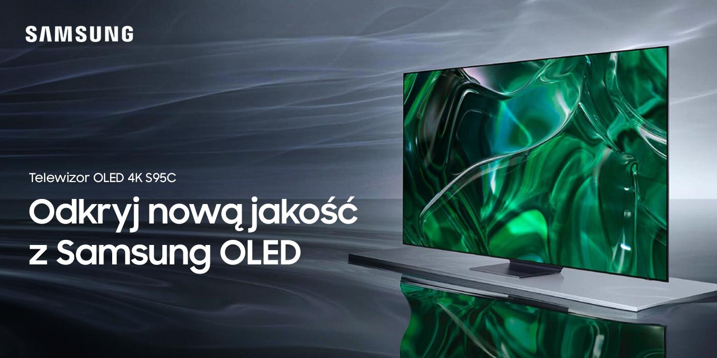 Samsung OLED S95C o rozdzielczości 4K jest już dostępny w ofercie telewizorów w sieci Media Expert Obraz przedstawia telewizor z wyświetlaczem OLED, na którym widoczna jest abstrakcyjna grafika w odcieniach zieleni. Na obrazie znajduje się tekst: \'Telewizor OLED 4K S95C Odkryj nową jakość z Samsung OLED\'.