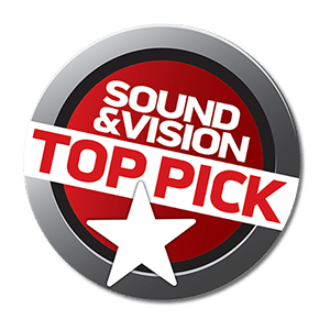 Okrągła odznaka z napisem \'SOUND & VISION TOP PICK\' na czerwonym tle z białą gwiazdą na dole.
