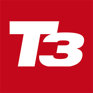 Logo z białymi literami \'T3\' na czerwonym tle.