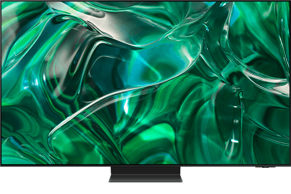 Telewizor z dużym ekranem wyświetlający abstrakcyjny wzór w odcieniach zieleni i srebra. Urządzenie ma cienką ramkę i stoi na prostokątnej podstawie.