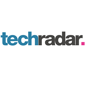Logo z napisem \'techradar\' w kolorach niebieskim i czarnym, z różową kropką na końcu.