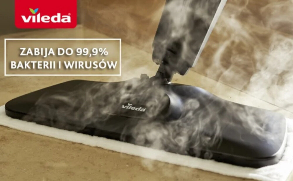 Na obrazie widoczny jest mop parowy z logo \'vileda\', z którego wydobywa się para. Obok znajduje się tekst: \'ZABIJA DO 99,9% BAKTERII I WIRUSÓW\'.