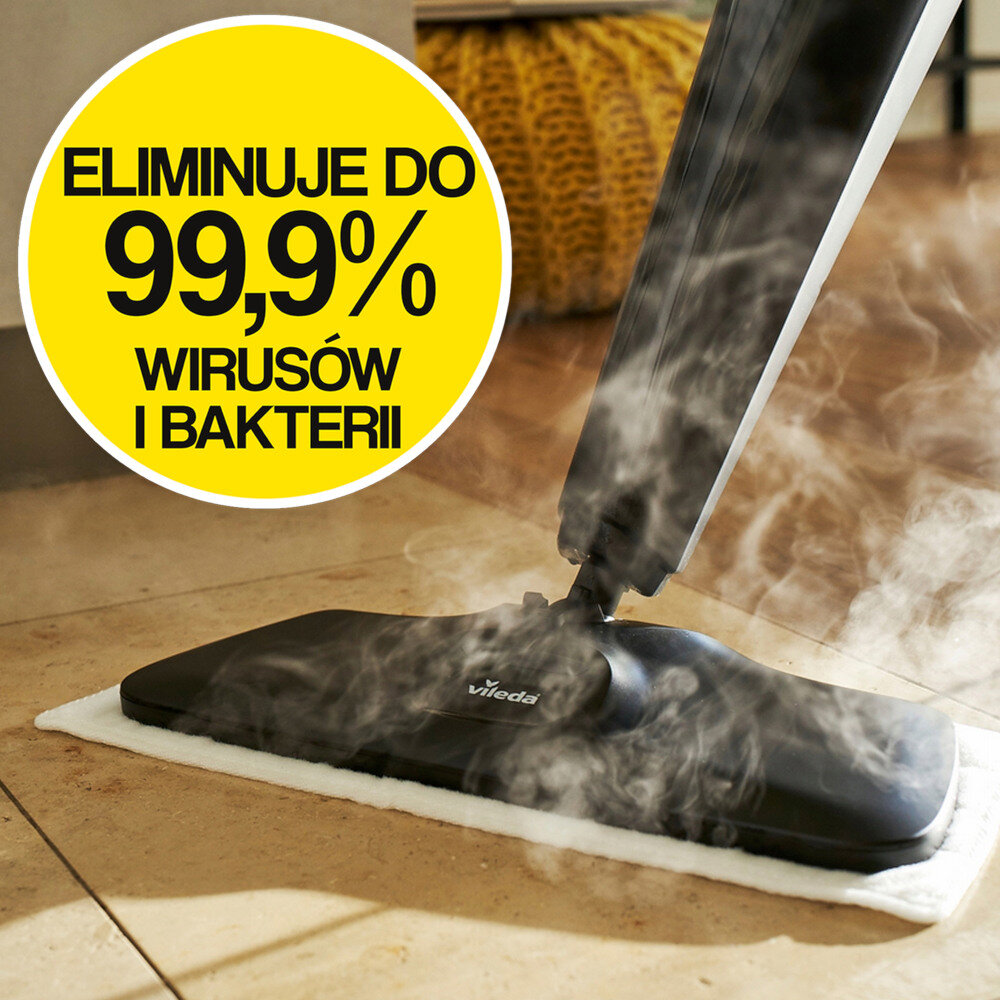 Czarny mop parowy z logo \'vileda\' emituje parę na podłodze. Obok znajduje się żółte koło z napisem \'ELIMINUJE DO 99,9% WIRUSÓW I BAKTERII\'.