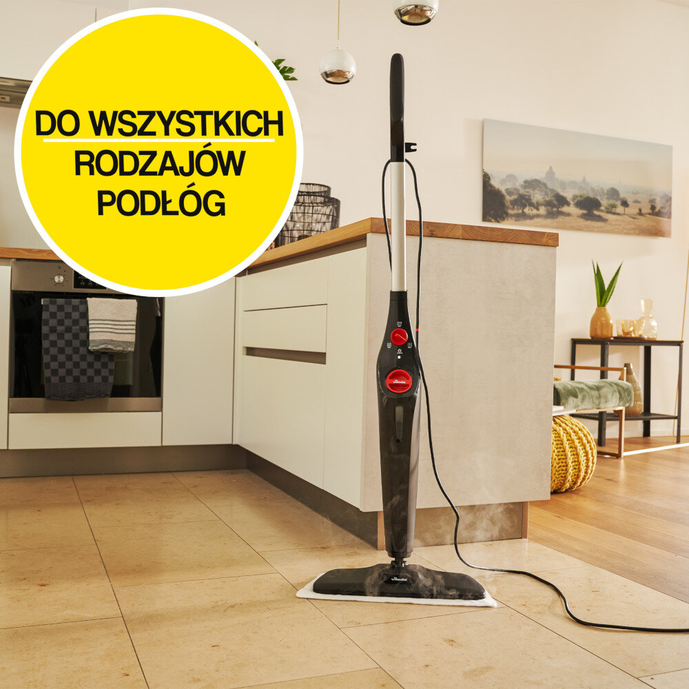 Na obrazie znajduje się mop parowy stojący na podłodze w kuchni. W żółtym okręgu widnieje tekst: \'DO WSZYSTKICH RODZAJÓW PODŁÓG\'.