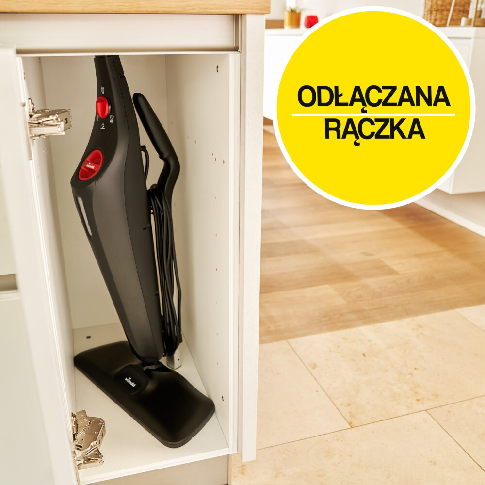 Czarny mop parowy z czerwonymi elementami stoi w otwartej szafce. Na żółtym tle widnieje napis \'ODŁĄCZANA RĄCZKA\'.