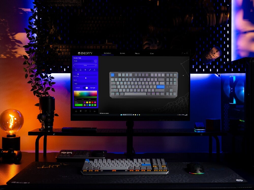 Na biurku znajduje się klawiatura mechaniczna z podświetleniem RGB, przed monitorem wyświetlającym oprogramowanie do konfiguracji klawiatury z logo ENDORFY. W tle widoczne są dekoracyjne oświetlenie LED oraz rośliny.