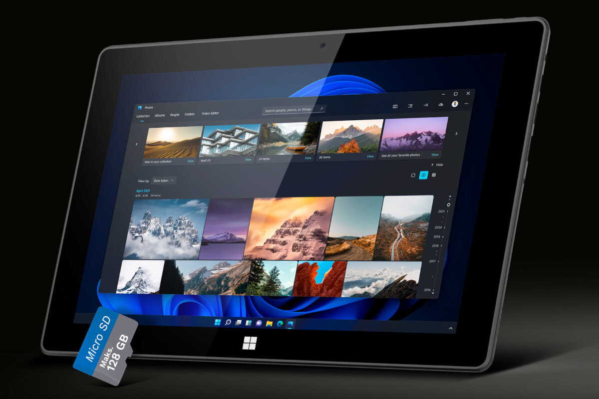 Tablet z wyświetlaczem pokazującym galerię zdjęć krajobrazów. Obok urządzenia widoczna jest karta Micro SD z napisem \'Max 128 GB\'.
