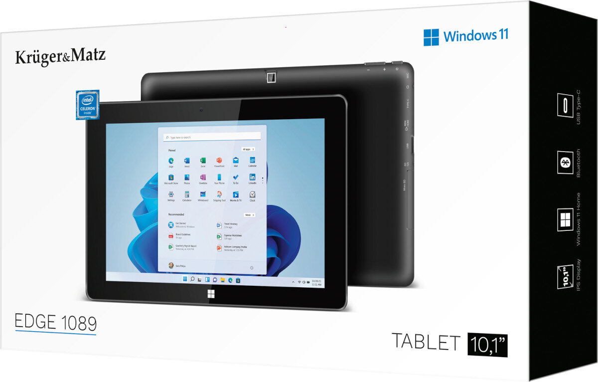 Opakowanie tabletu Krüger&Matz EDGE 1089 z ekranem 10,1 cala, z systemem Windows 11. Na opakowaniu widoczne są logo producenta oraz ikony specyfikacji technicznej.