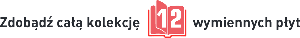 Grafika przedstawia tekst: \'Zdobądź całą kolekcję 12 wymiennych płyt\' obok ikony otwartej książki z numerem 12 na czerwonym tle.