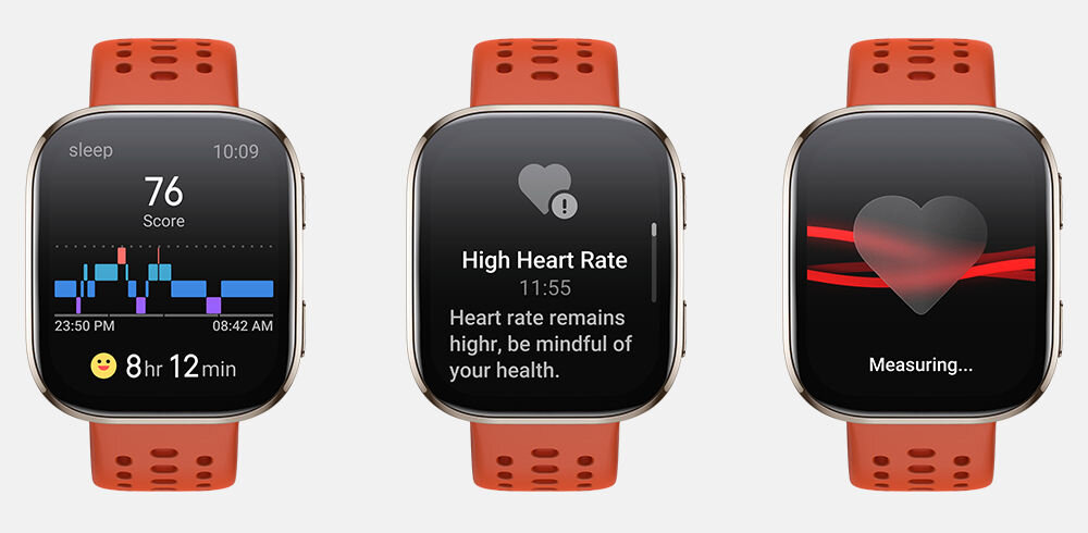 Trzy smartwatche z pomarańczowymi paskami, każdy z innym ekranem. Na ekranach widoczne są: wykres snu z wynikiem 76, komunikat \'High Heart Rate\' oraz animacja serca z napisem \'Measuring...\'.
