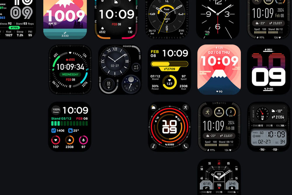 Obraz przedstawia różne tarcze zegarka smartwatch z wyświetlanymi godzinami, datami i dodatkowymi informacjami, takimi jak kroki, pogoda i poziom baterii. Tarcze mają różnorodne style i kolory, w tym cyfrowe i analogowe wzory.