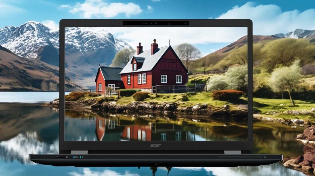 Na obrazie widoczny jest laptop z logo \'acer\', na ekranie którego wyświetla się krajobraz z czerwonym domem nad jeziorem i górami w tle.