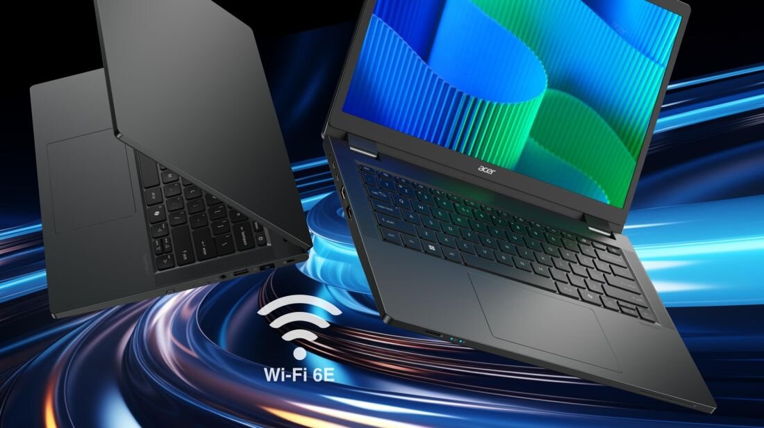 Obraz przedstawia dwa laptopy z logo \'acer\', jeden otwarty z widocznym ekranem, drugi zamknięty. Na dole widoczny jest napis \'Wi-Fi 6E\' na tle dynamicznych, kolorowych linii.