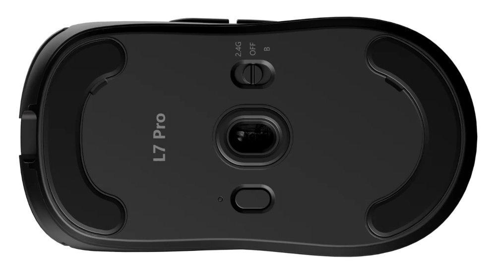 Czarny spód myszy komputerowej z napisem \'L7 Pro\'. Widoczne są przełączniki oznaczone jako \'2.4G\', \'OFF\', \'B\' oraz sensor optyczny.