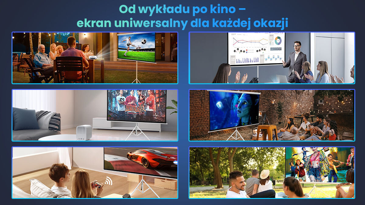 Obraz przedstawia różne sceny z użyciem ekranu projekcyjnego, w tym prezentacje, oglądanie filmów i wydarzenia na świeżym powietrzu. Na górze widnieje tekst: \'Od wykładu po kino – ekran uniwersalny dla każdej okazji\'.