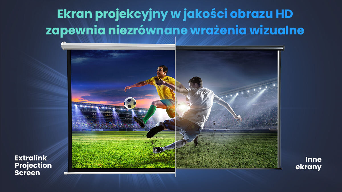Obraz przedstawia ekran projekcyjny z podziałem na dwie części, z piłkarzami na boisku. Tekst na górze brzmi: \'Ekran projekcyjny w jakości obrazu HD zapewnia niezrównane wrażenia wizualne\'.