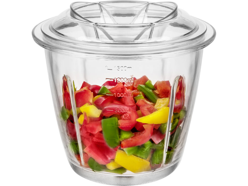 Szklany pojemnik z pokrywką, wypełniony pokrojonymi warzywami w różnych kolorach. Na pojemniku widoczne są miarki z oznaczeniami: 300 ml, 600 ml, 900 ml, 1200 ml.
