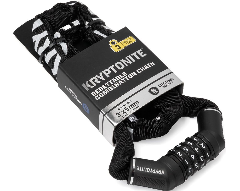 Zapięcie rowerowe KRYPTONITE Keeper z czarnym łańcuchem i zamkiem szyfrowym. Na opakowaniu widoczny jest napis \'KRYPTONITE RESETTABLE COMBINATION CHAIN\' oraz \'3 x 5 mm\'.
