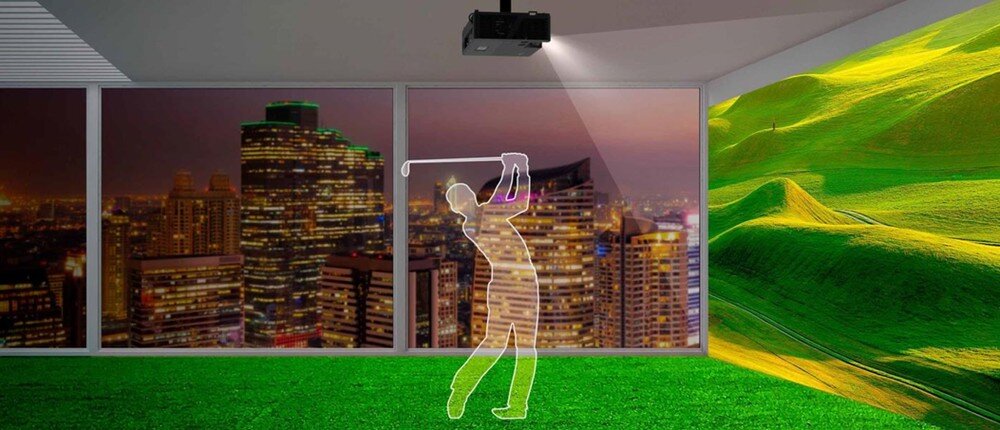 Projektor laserowy OPTOMA UHZ67 Golf Sim symulator golfa realistyczne zielenie błękity, projektor zawieszony na suficie, wyświetlający obraz na ścianie