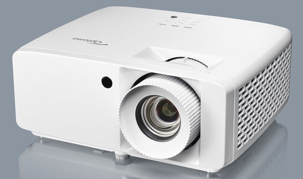 Projektor laserowy OPTOMA UHZ67-W 4K UHD krótki rzut duży obraz, projektor na szarym tle