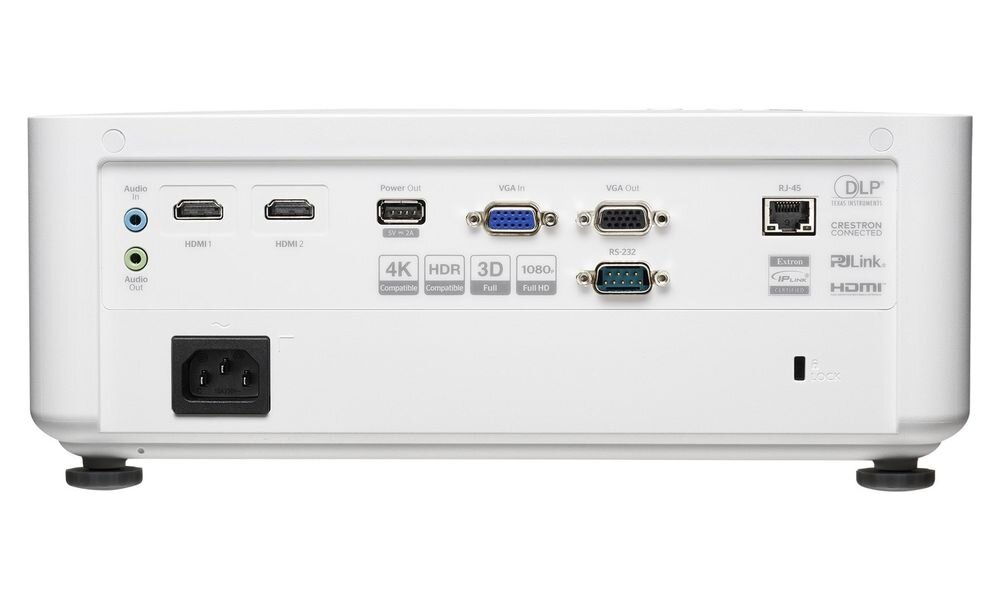 Projektor OPTOMA LH351 HDMI 2.0 VGA USB-A RS232 RJ45 wejście i wyjście audio 3,5 mm głośnik 10 W, projektor na białym tle