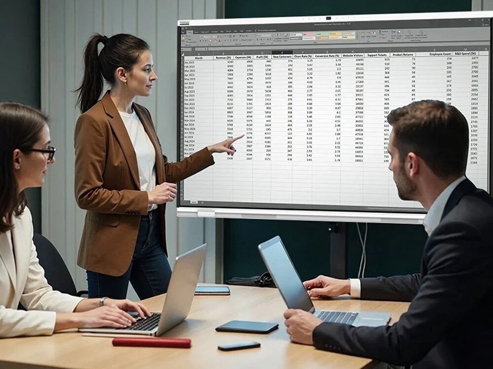Monitor PRESTIGIO SOLUTIONS PSMB018R750 Kobieta w brązowej marynarce wskazuje palcem dane w dużej tabeli na ekranie interaktywnym, podczas gdy dwie osoby pracują przy laptopach obok